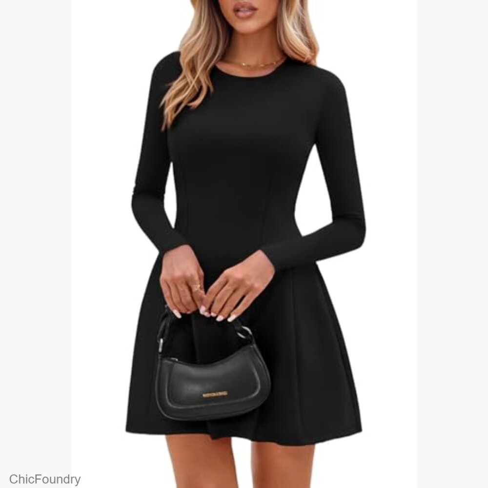 Long Sleeve Mini Knit Dress A-Line Babydoll Pleated Party Casual - Picture 2 of 7